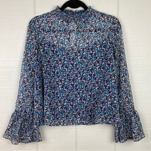 Xhilaration Blue Purple Floral Long Bell Sleeves Sheer Turtleneck Blouse Top S
